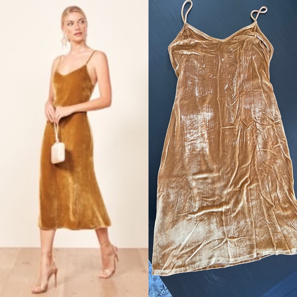 Reformation Gaia velvet slip dress in gold